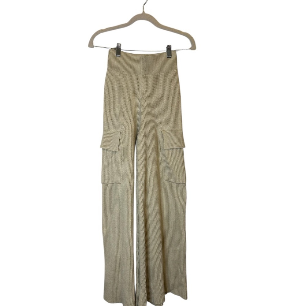 House of CB McKenzie Oatmeal Ribbed Knit Wide Leg Utility Trousers Size XS - Picture 2 of 4